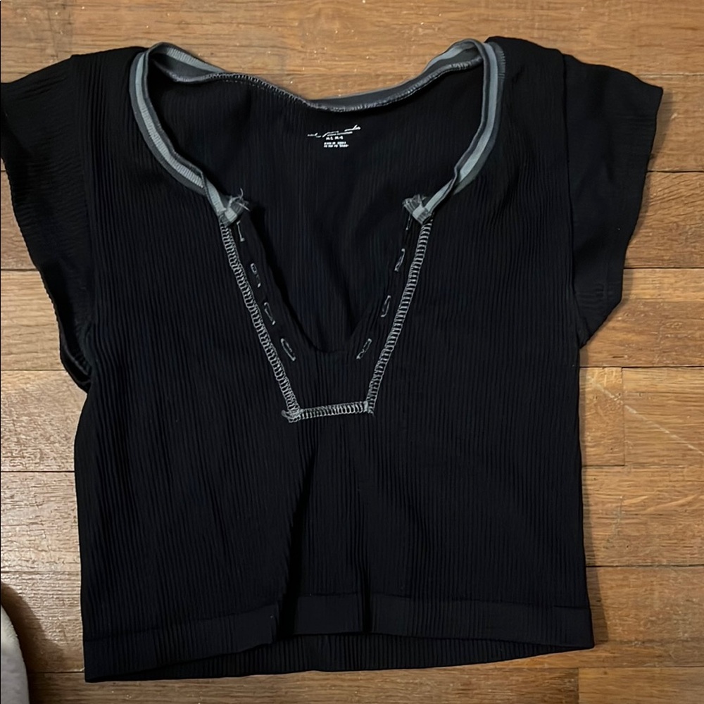 Urban Outfitters Black Ribbed V-Neck Short Sleeve Top